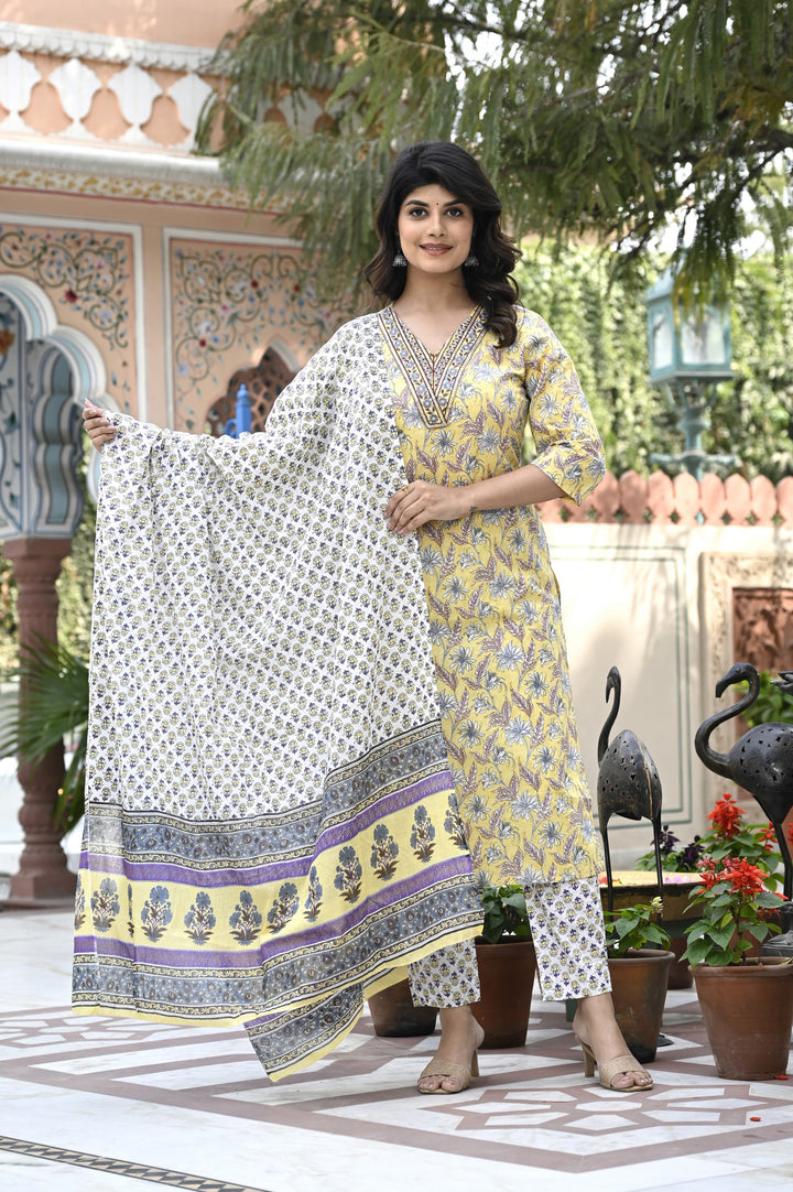 Elegant Cotton Kurta Set - Straight Pattern, V-Neckline, 3/4th Sleeves, Available in Sea Green, Pink & Yellow