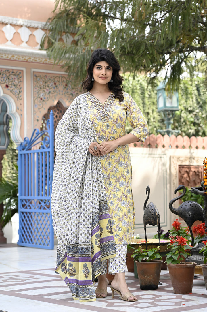 Elegant Cotton Kurta Set - Straight Pattern, V-Neckline, 3/4th Sleeves, Available in Sea Green, Pink & Yellow