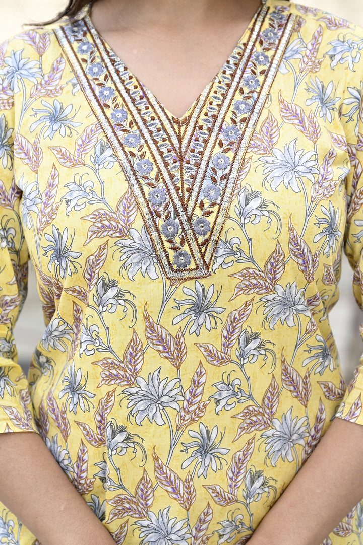 Elegant Cotton Kurta Set - Straight Pattern, V-Neckline, 3/4th Sleeves, Available in Sea Green, Pink & Yellow