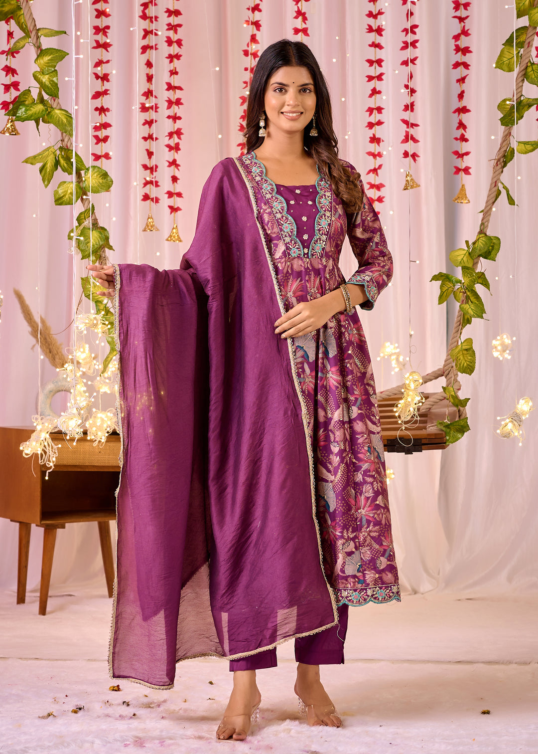 Stunning Chanderi Anarkali Suit - V-Neckline, 3/4th Sleeves