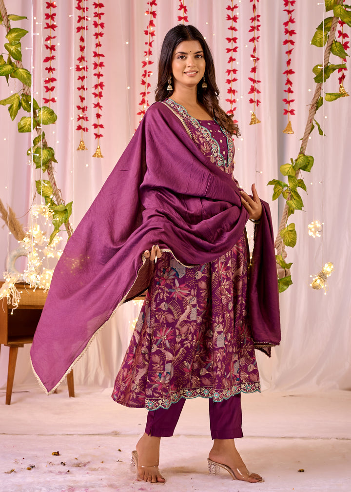 Stunning Chanderi Anarkali Suit - V-Neckline, 3/4th Sleeves