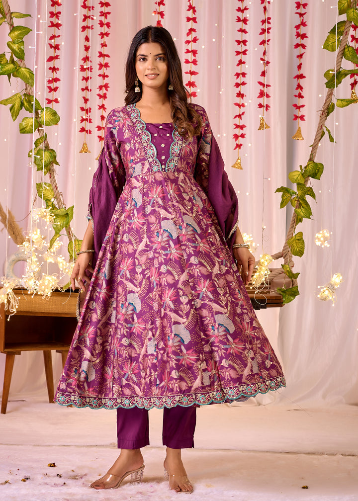 Stunning Chanderi Anarkali Suit - V-Neckline, 3/4th Sleeves