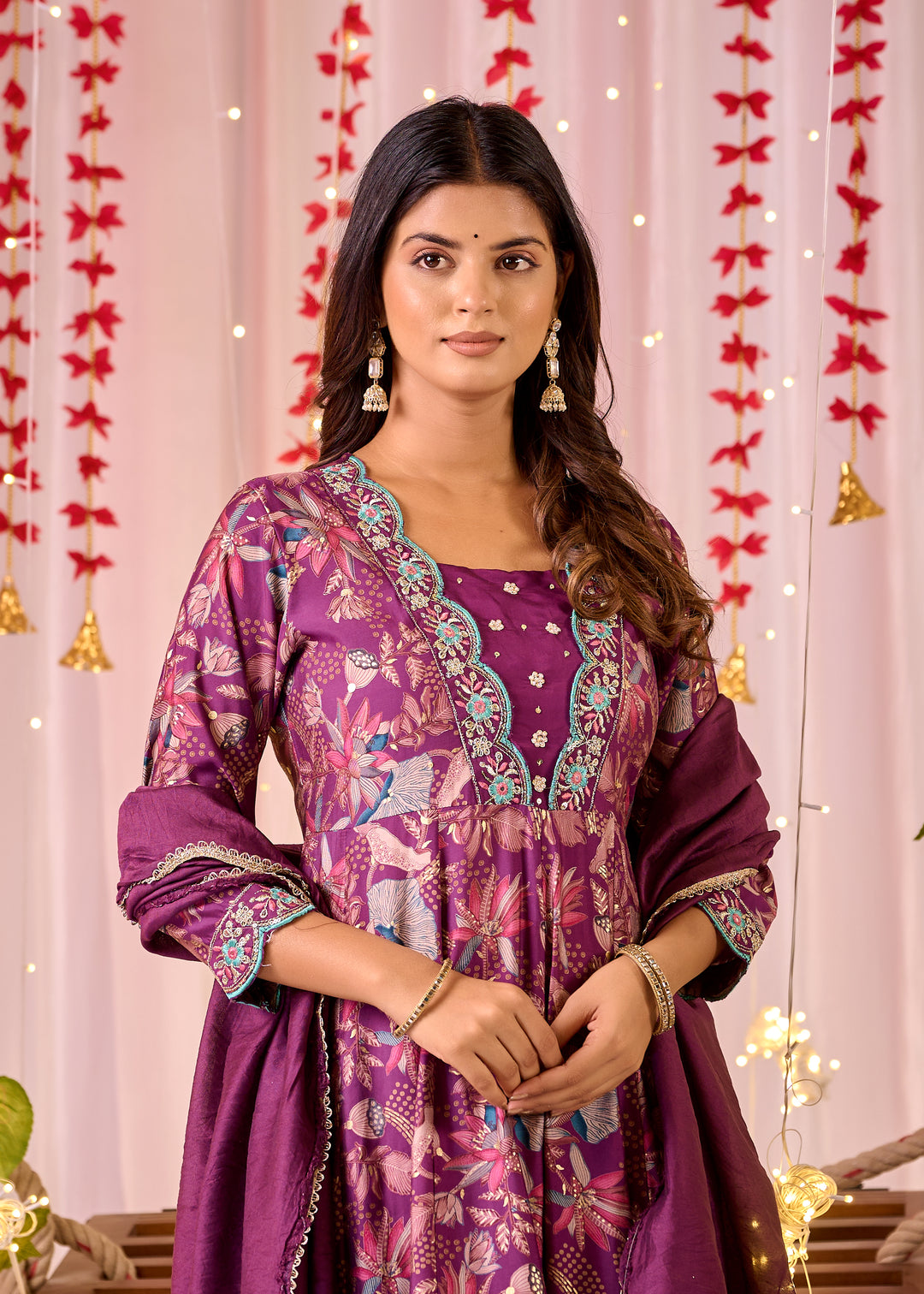 Stunning Chanderi Anarkali Suit - V-Neckline, 3/4th Sleeves
