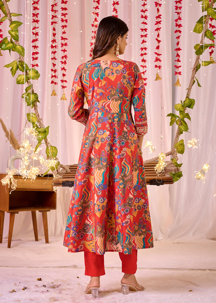 Exquisite Chanderi Anarkali Suit - Round Neckline, 3/4th Sleeves, Available in Red