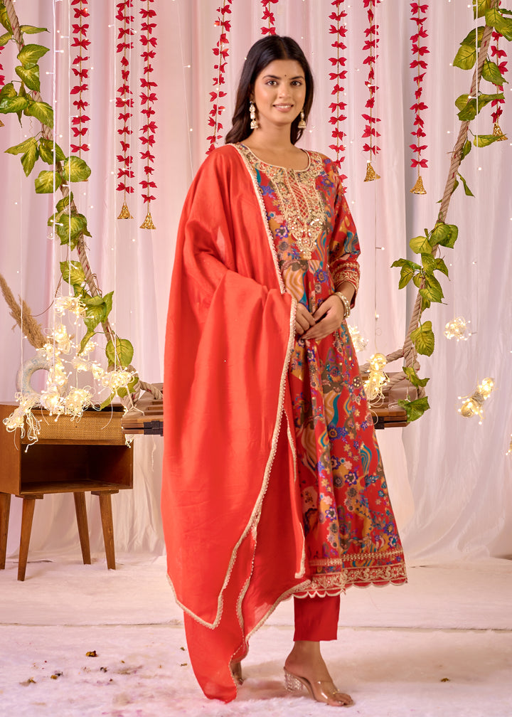 Exquisite Chanderi Anarkali Suit - Round Neckline, 3/4th Sleeves, Available in Red