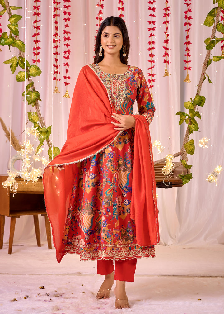 Exquisite Chanderi Anarkali Suit - Round Neckline, 3/4th Sleeves, Available in Red