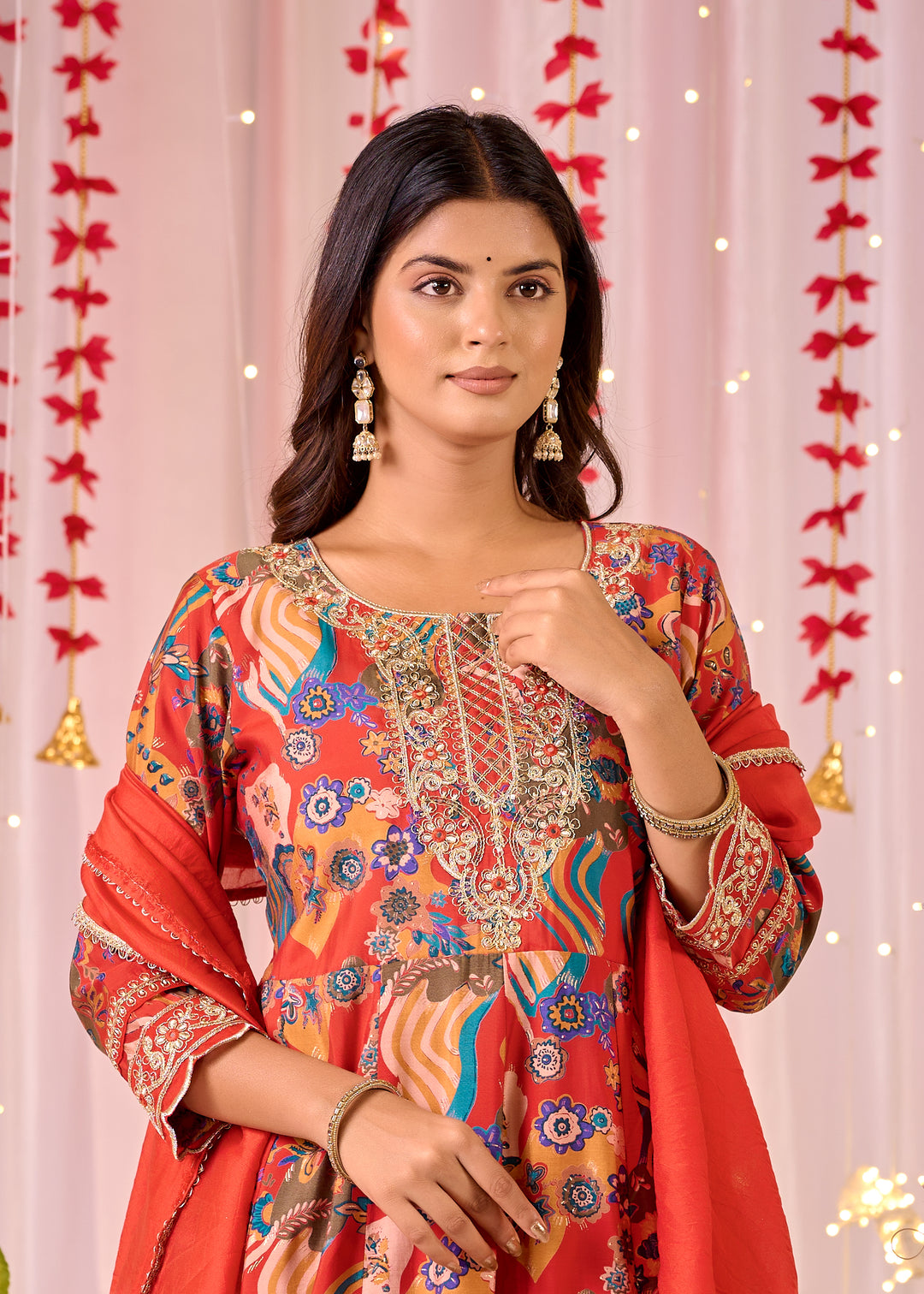 Exquisite Chanderi Anarkali Suit - Round Neckline, 3/4th Sleeves, Available in Red