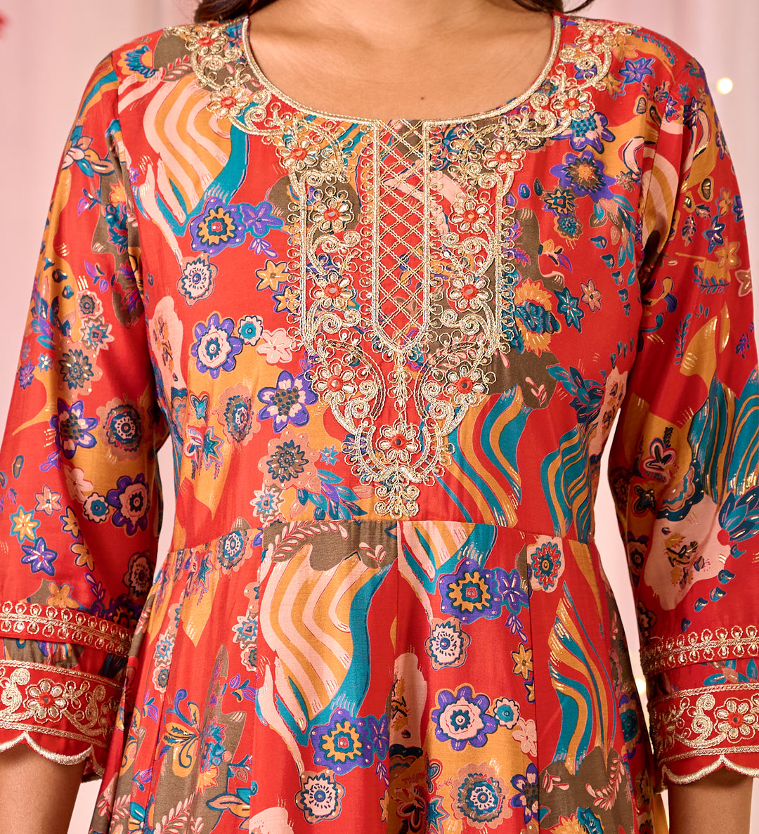 Exquisite Chanderi Anarkali Suit - Round Neckline, 3/4th Sleeves, Available in Red