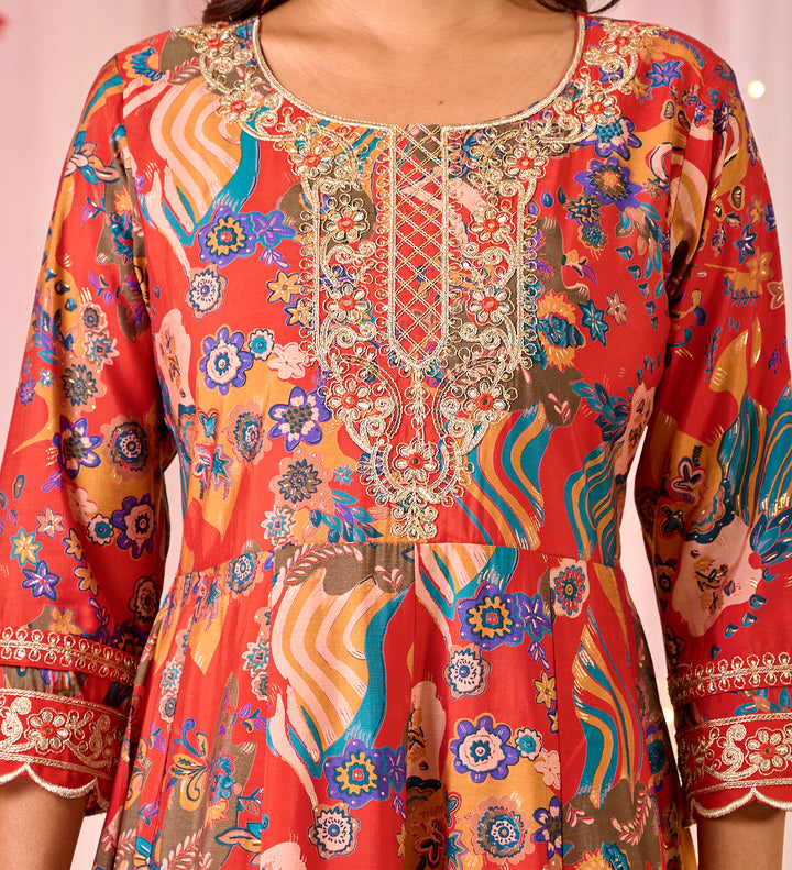 Exquisite Chanderi Anarkali Suit - Round Neckline, 3/4th Sleeves, Available in Red