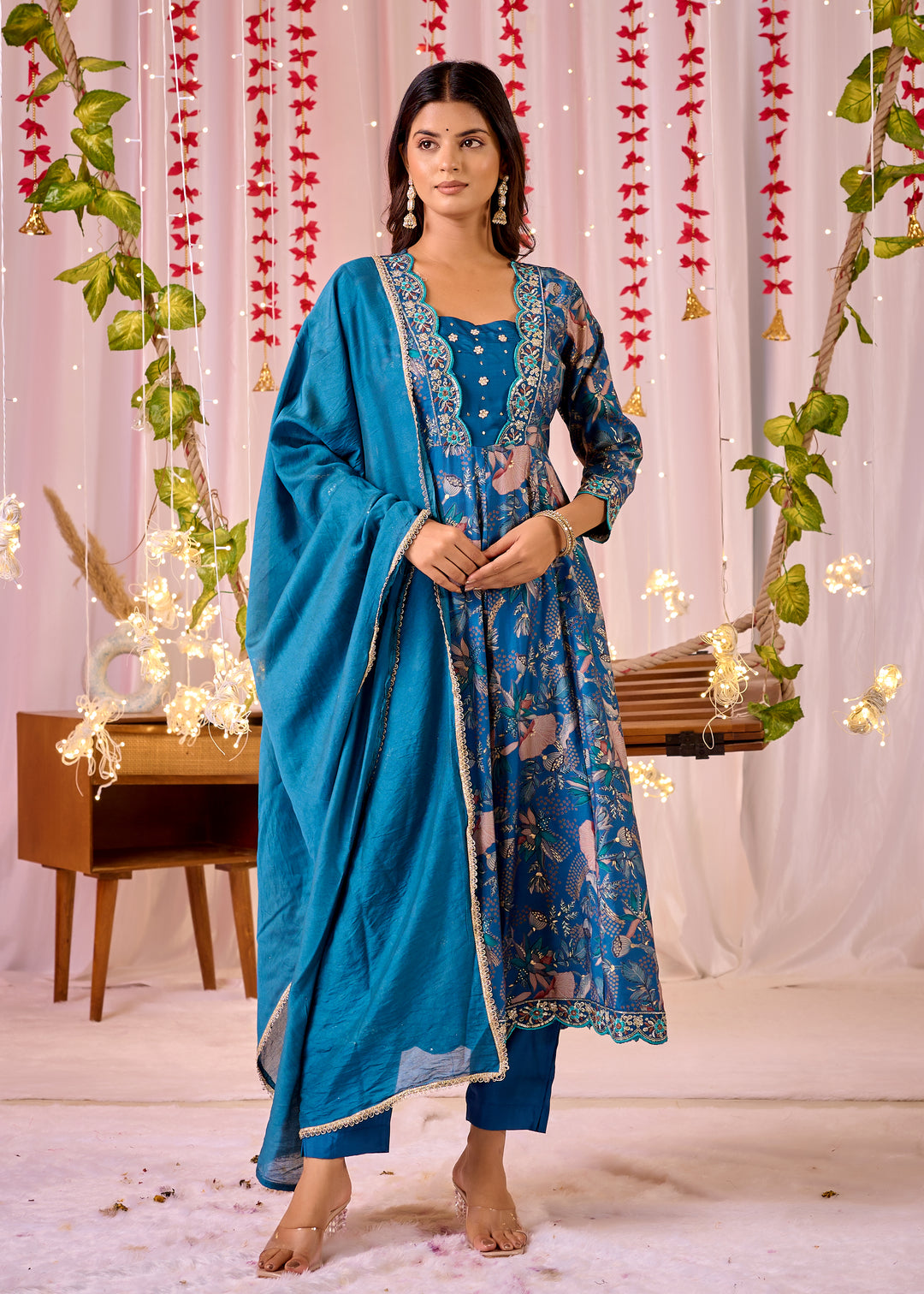 Stunning Chanderi Anarkali Suit - V-Neckline, 3/4th Sleeves