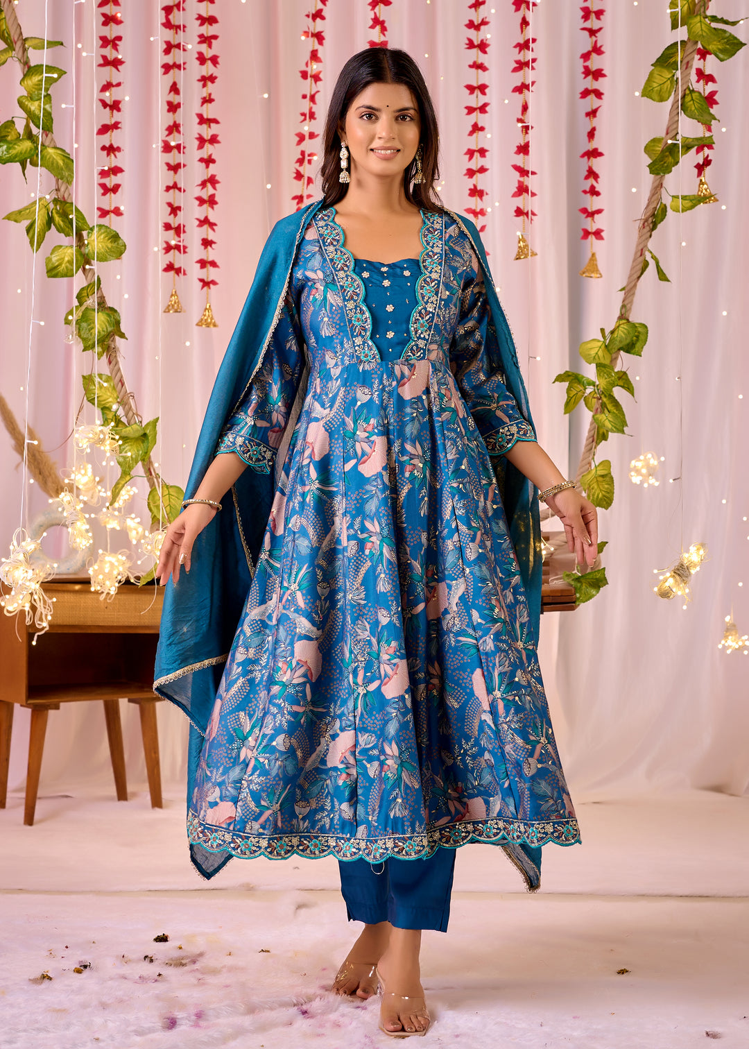 Stunning Chanderi Anarkali Suit - V-Neckline, 3/4th Sleeves