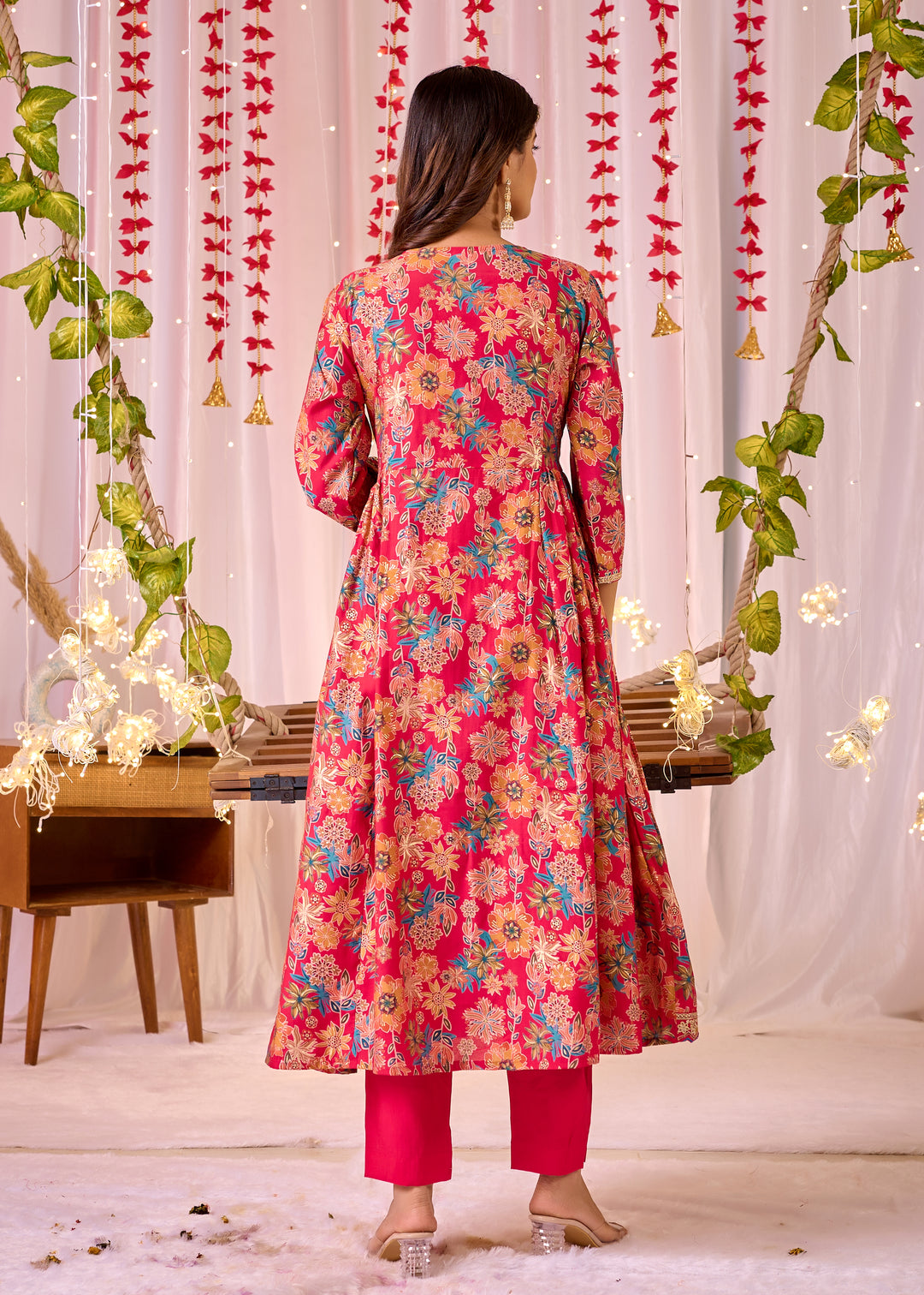 Elegant Pink Chanderi Anarkali Suit - V-Neckline, 3/4th Sleeves, Perfect for Festive Occasions