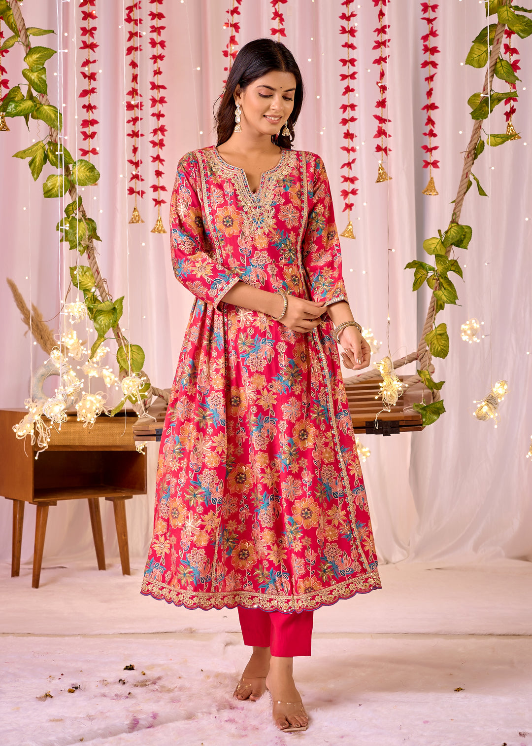 Elegant Pink Chanderi Anarkali Suit - V-Neckline, 3/4th Sleeves, Perfect for Festive Occasions