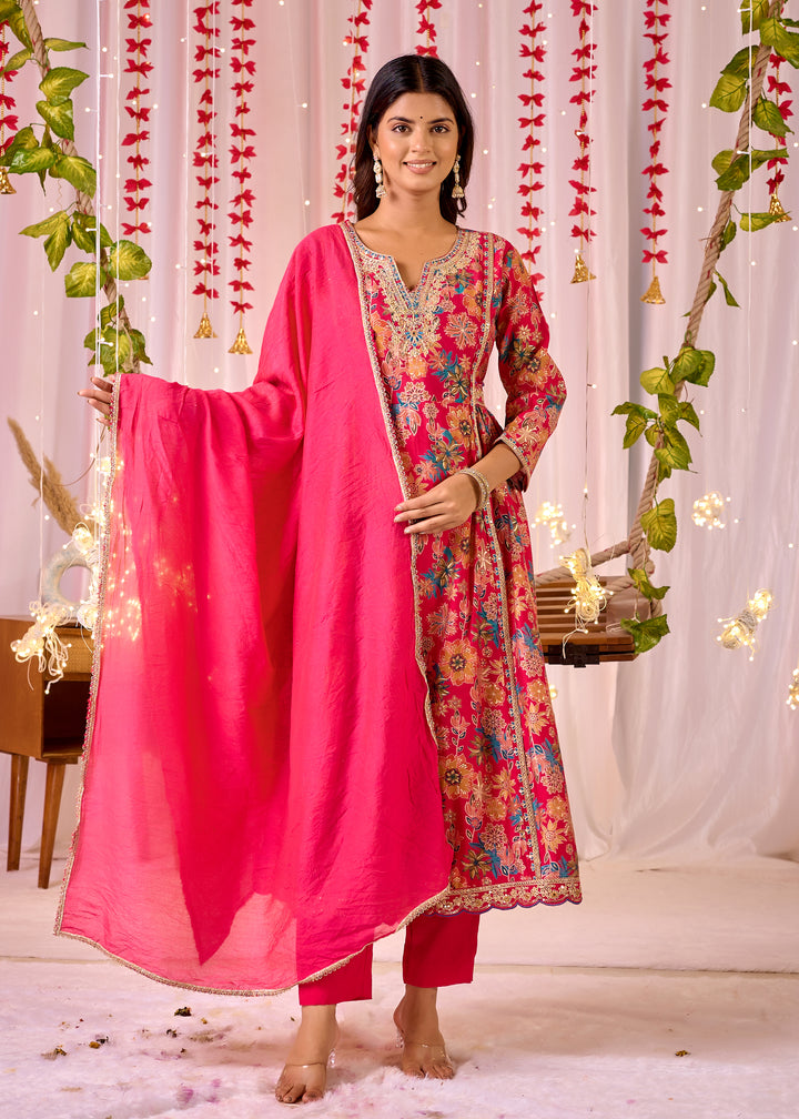 Elegant Pink Chanderi Anarkali Suit - V-Neckline, 3/4th Sleeves, Perfect for Festive Occasions