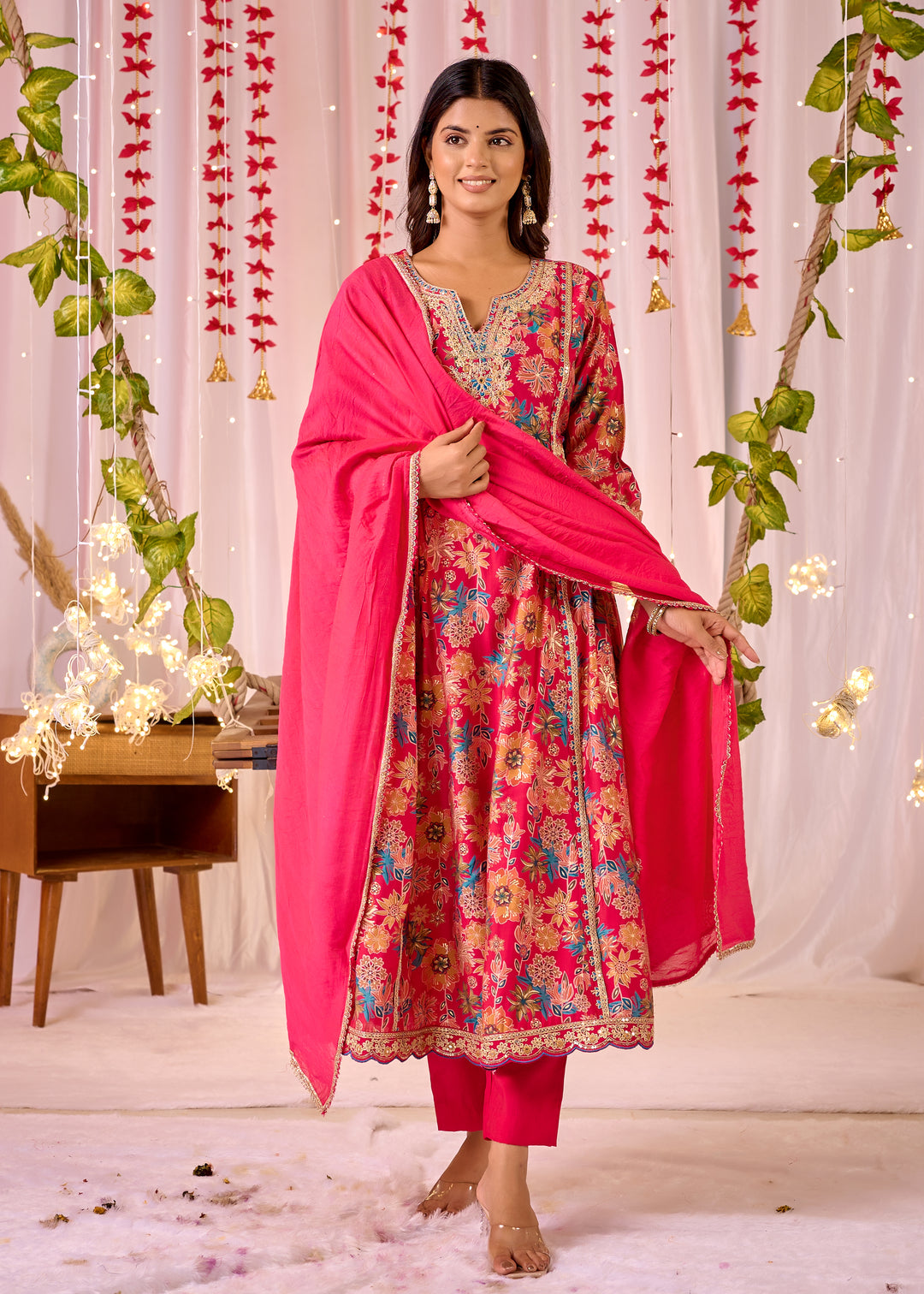 Elegant Pink Chanderi Anarkali Suit - V-Neckline, 3/4th Sleeves, Perfect for Festive Occasions