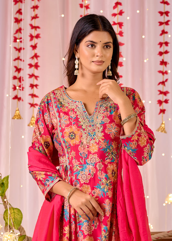 Elegant Pink Chanderi Anarkali Suit - V-Neckline, 3/4th Sleeves, Perfect for Festive Occasions