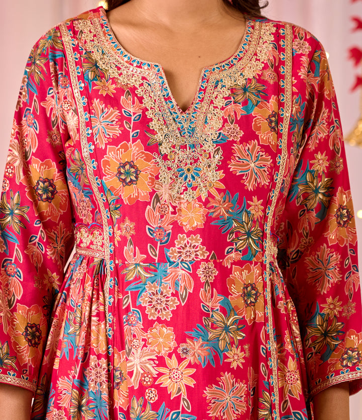 Elegant Pink Chanderi Anarkali Suit - V-Neckline, 3/4th Sleeves, Perfect for Festive Occasions