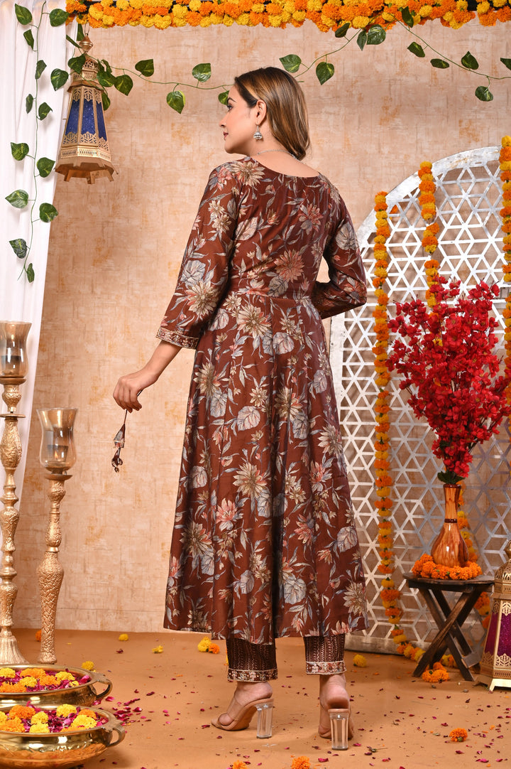 Ethereal Elegance Brown & Blue Chanderi Anarkali Suit