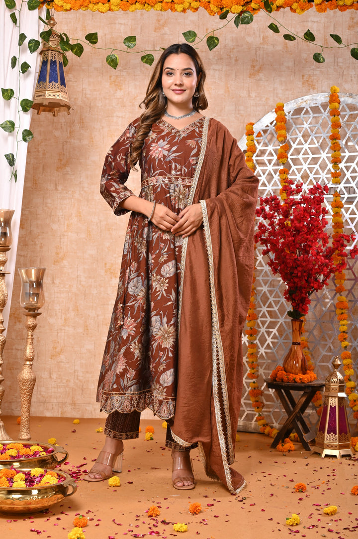 Ethereal Elegance Brown & Blue Chanderi Anarkali Suit