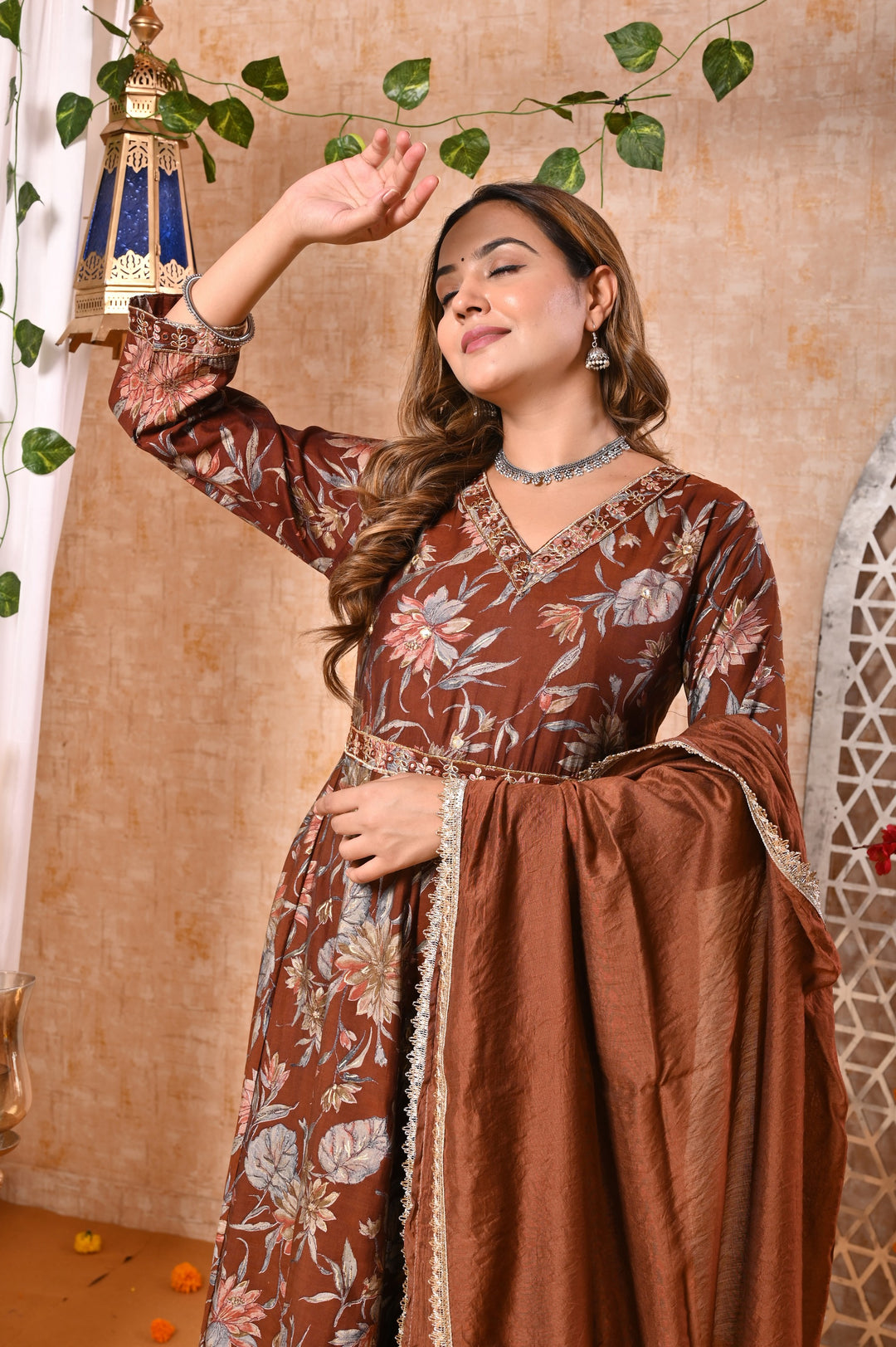 Ethereal Elegance Brown & Blue Chanderi Anarkali Suit