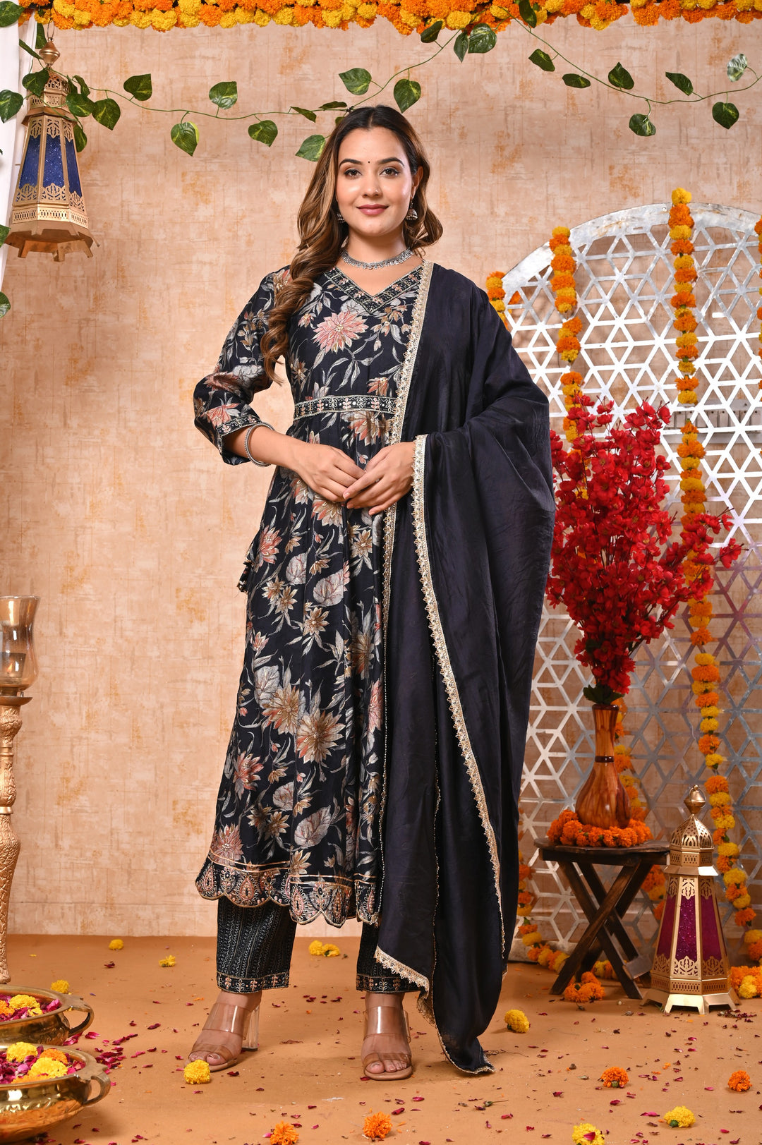 Ethereal Elegance Brown & Blue Chanderi Anarkali Suit