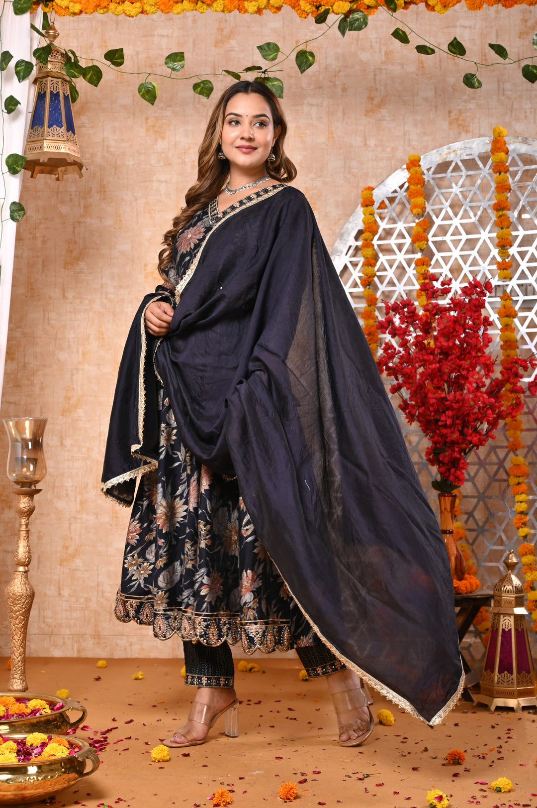 Ethereal Elegance Brown & Blue Chanderi Anarkali Suit