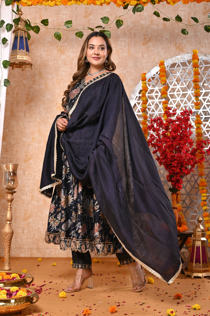Ethereal Elegance Brown & Blue Chanderi Anarkali Suit
