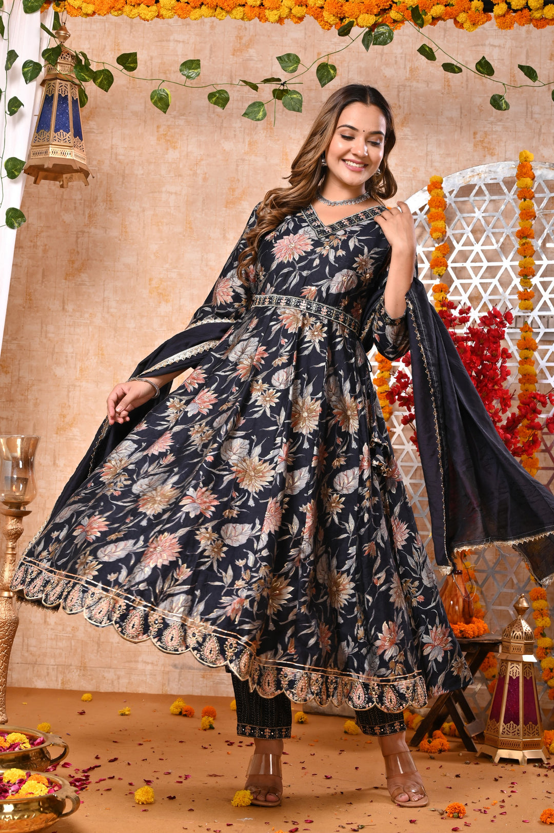 Ethereal Elegance Brown & Blue Chanderi Anarkali Suit