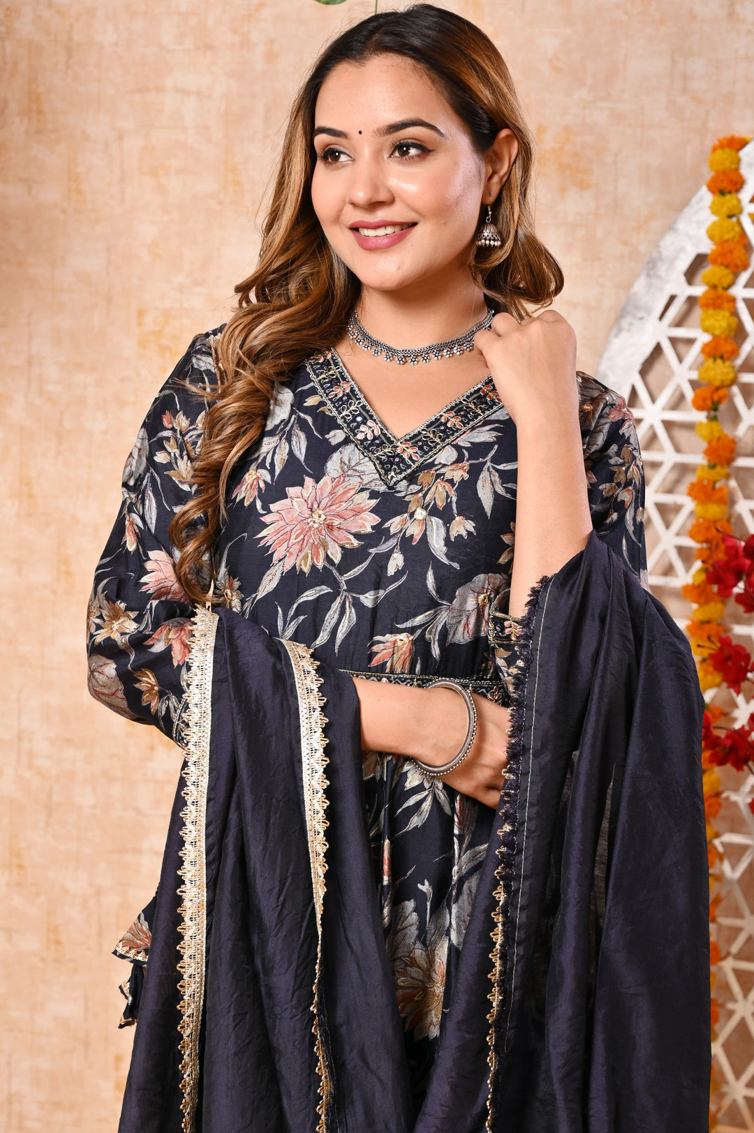 Ethereal Elegance Brown & Blue Chanderi Anarkali Suit