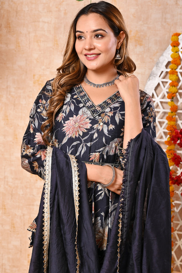 Ethereal Elegance Brown & Blue Chanderi Anarkali Suit