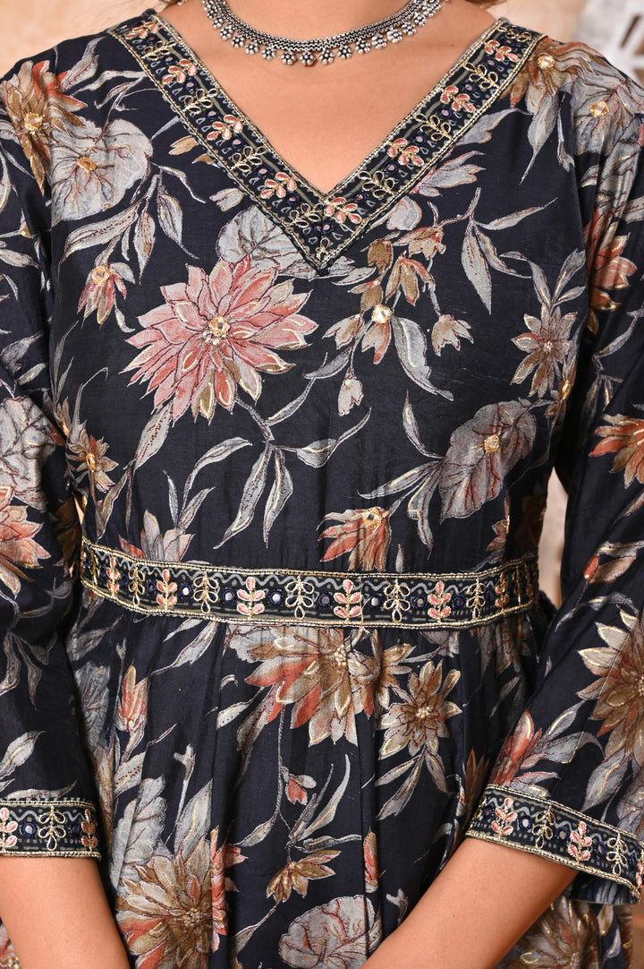 Ethereal Elegance Brown & Blue Chanderi Anarkali Suit