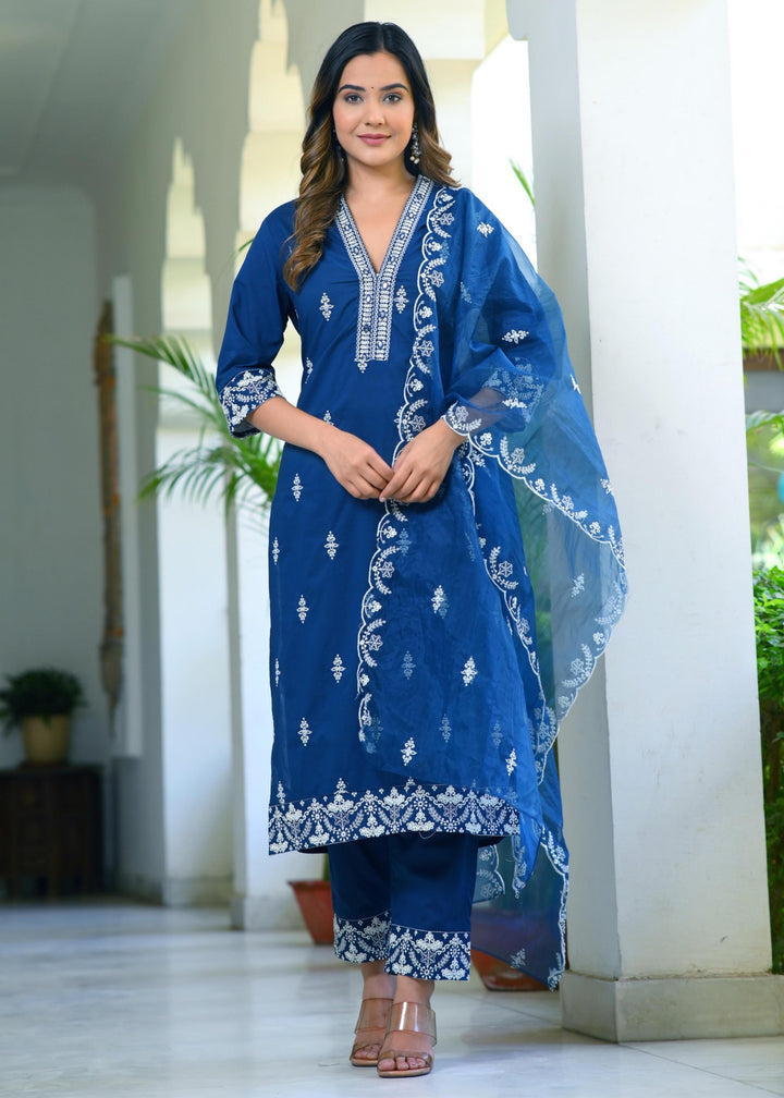 Elegant Blue & Red Cotton Kurta Set - Straight Fit, V-Neck, 3/4 Sleeves