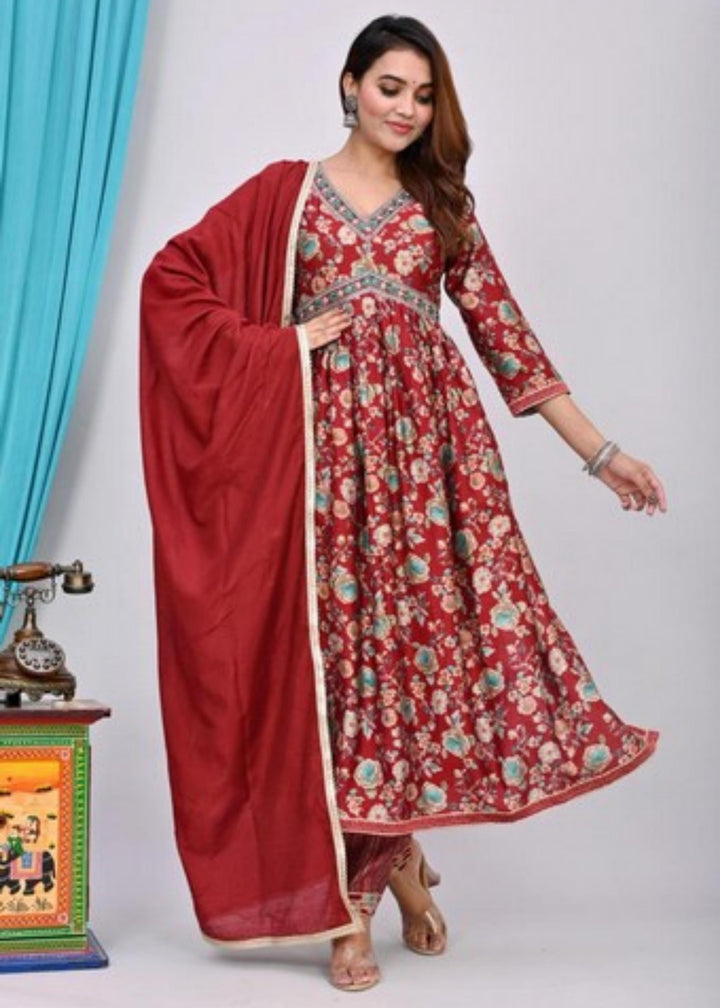 Graceful Maroon Muslin Anarkali Suit - 3/4 Sleeves with V-Neck (Sizes M, L, XL, XXL)