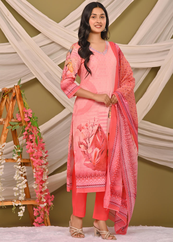 Elegant Pink and Sea Green Cotton Kurta Set with V-Neck & 3/4 Sleeves
