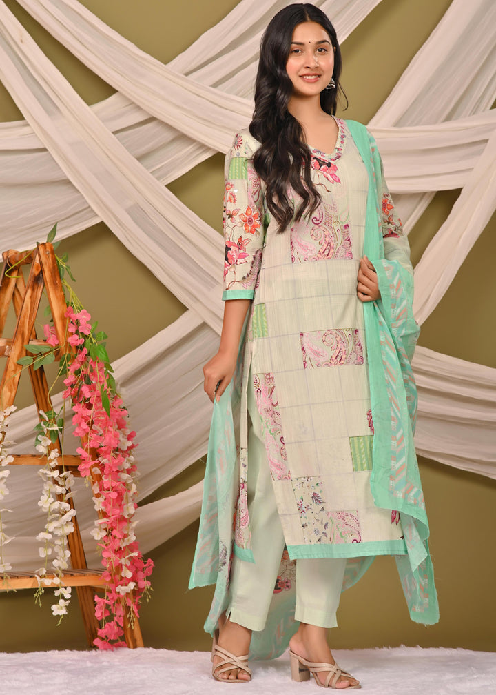 Elegant Cotton Kurta Set with V-Neck & 3/4 Sleeves – Green, Pista Green & Pink