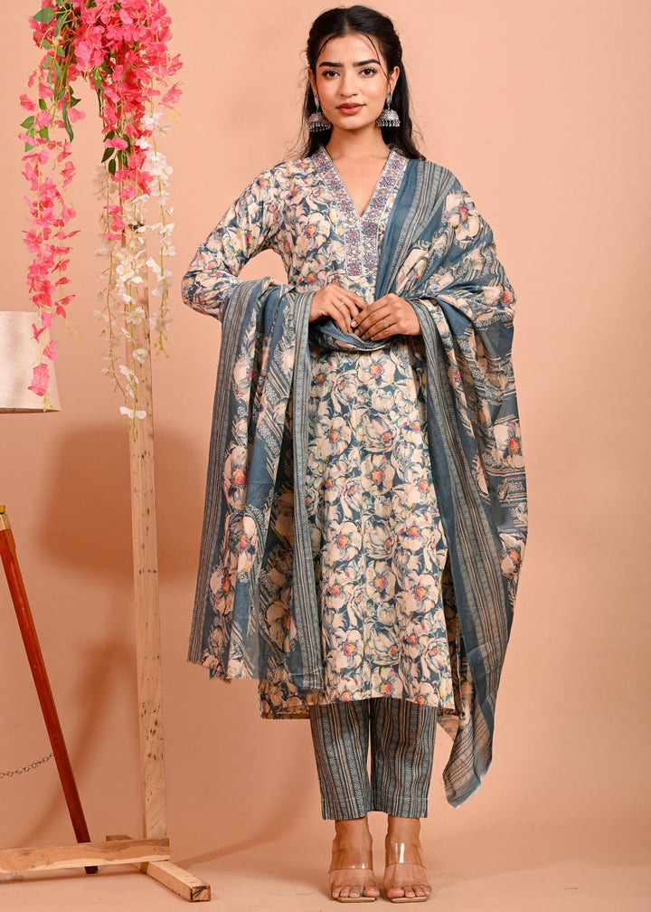 Straight Fit Cotton Kurta Set with V-Neck & 3/4 Sleeves - Available in Blue & Red