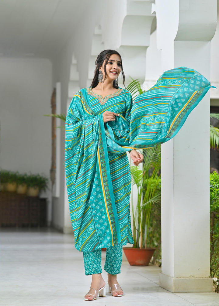 Charming Green & Pink Cotton Kurta Set - Sweetheart Neck, Straight Fit, 3/4 Sleeves