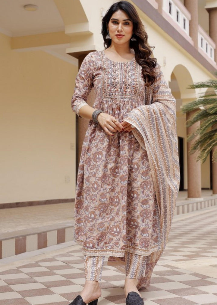 Elegant A-Line Cotton Suit - Naira Cut, Round Neck, 3/4th Sleeves, Available in Brown & Beige