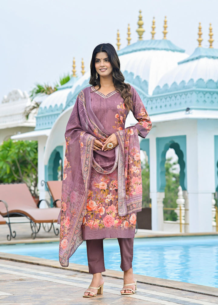 Cotton Kurta Set with V-Neck & 3/4 Sleeves – Dusty Purple & Tranquil Blue