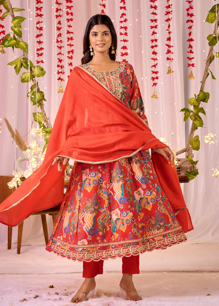 Exquisite Chanderi Anarkali Suit - Round Neckline, 3/4th Sleeves, Available in Red