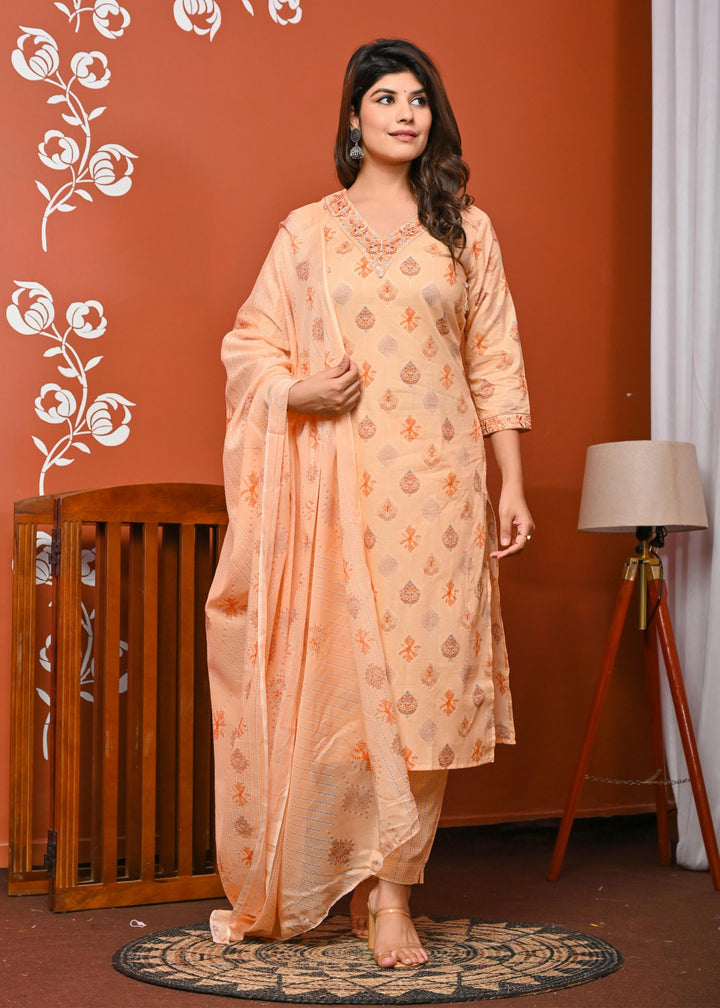 Elegant Peach & Yellow Cotton Kurta Set - Straight Fit with V-Neck and 3/4 Sleeves