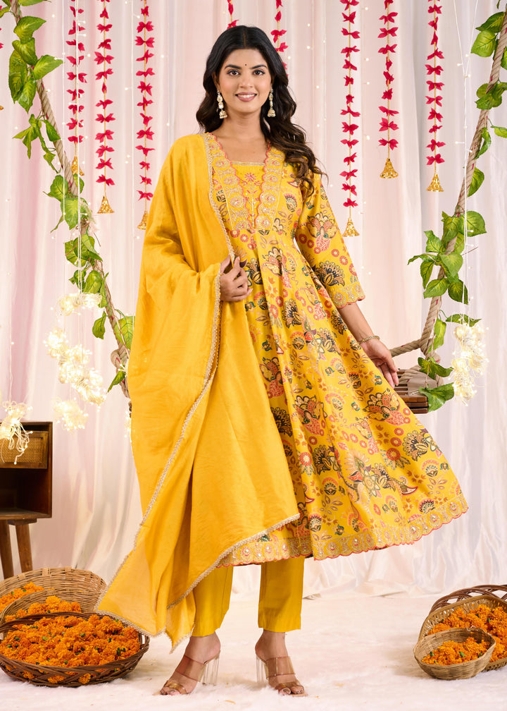 Elegant Chanderi Anarkali Suit - V-Neckline, 3/4th Sleeves, Available in Yellow & Pink