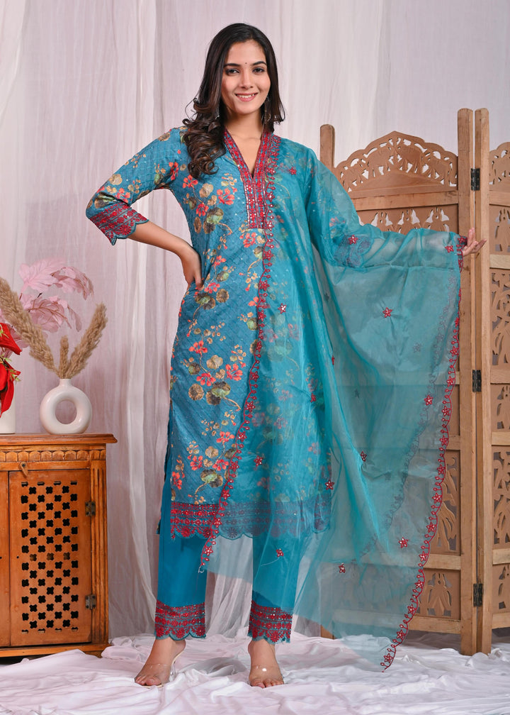 Dark Green Cotton Sifli Kurta Set - Straight Fit with V-Neck & 3/4 Sleeves (Available in M, L, XL, XXL)