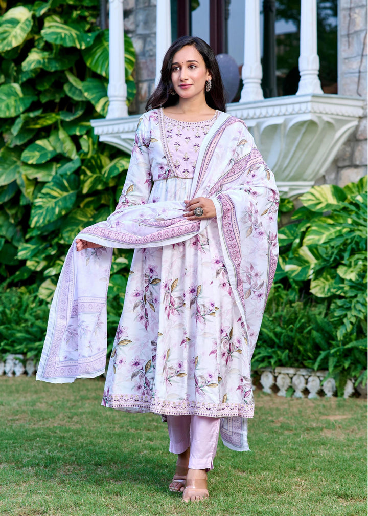 Muslin Anarkali Suit with Round Neck & 3/4 Sleeves – Purple & Lavender