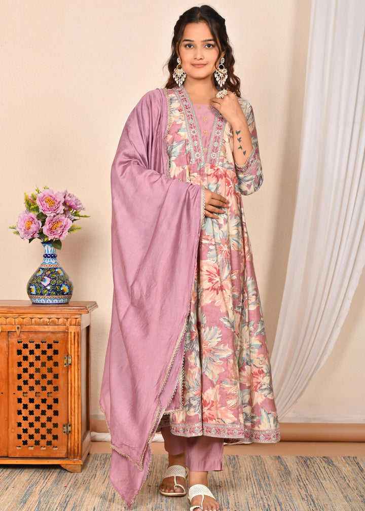 Lavender Muslin Anarkali Suit - V-Neck, 3/4th Sleeves (Sizes M to XXL)