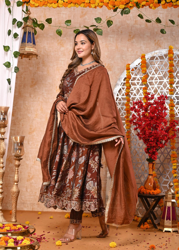 Ethereal Elegance Brown & Blue Chanderi Anarkali Suit