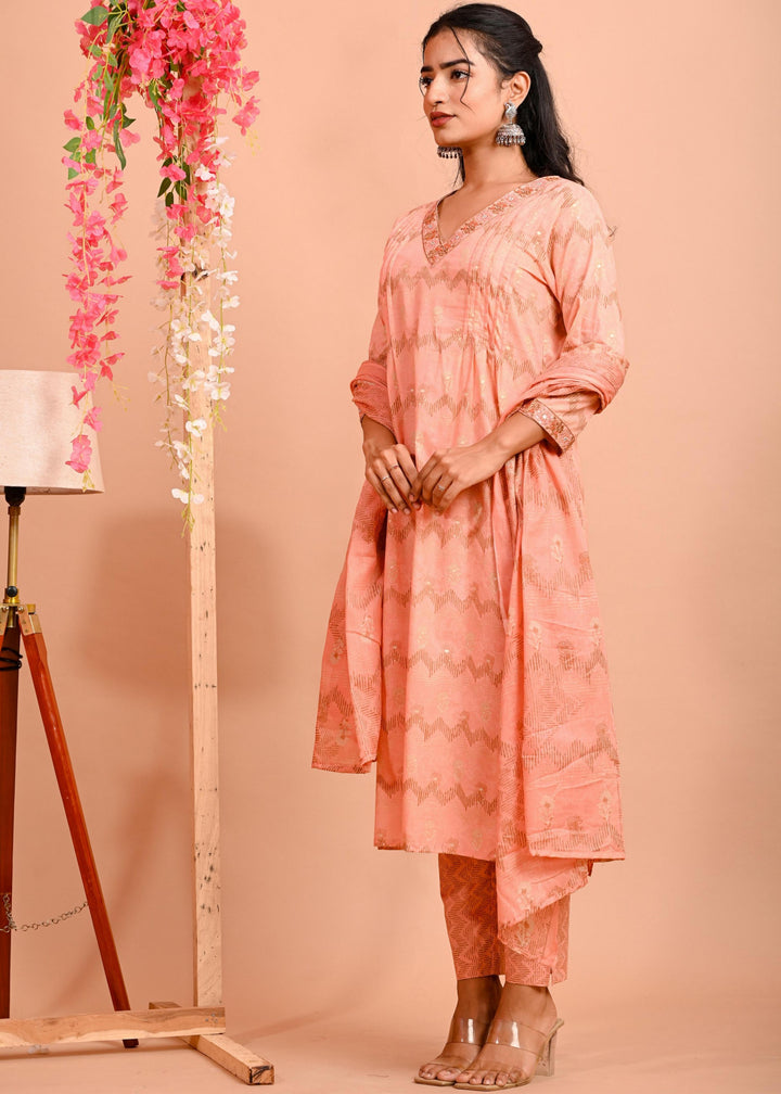 Straight Fit Cotton Kurta Set with V-Neck & 3/4 Sleeves - Peach & Green