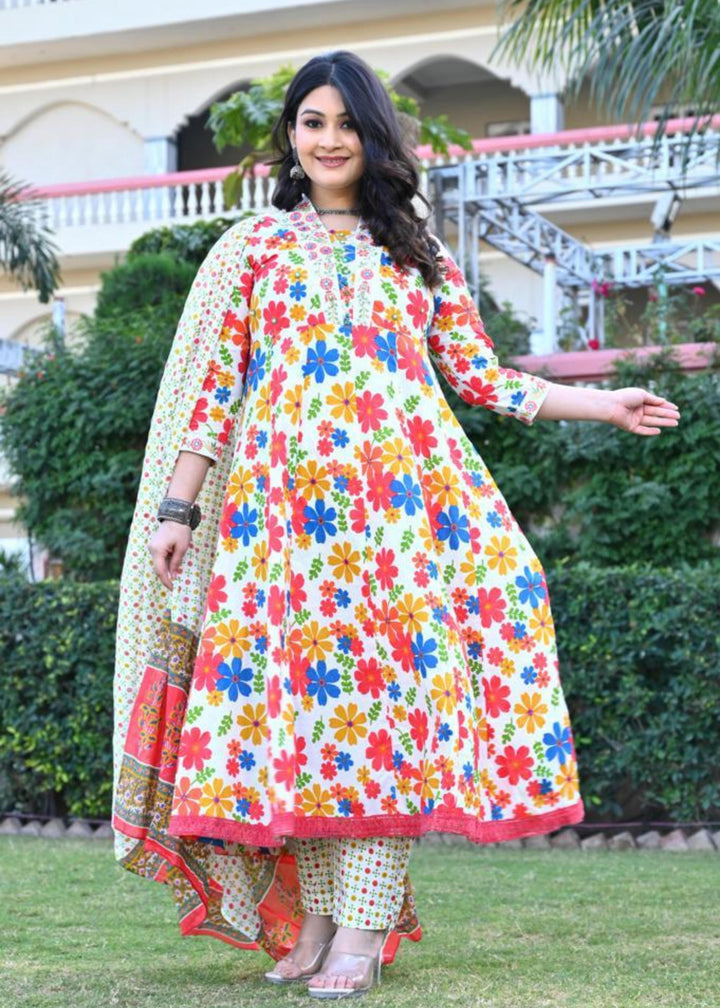 Multi-Color Cotton Anarkali Suit - V-Neck, 3/4th Sleeves (M to XXL)