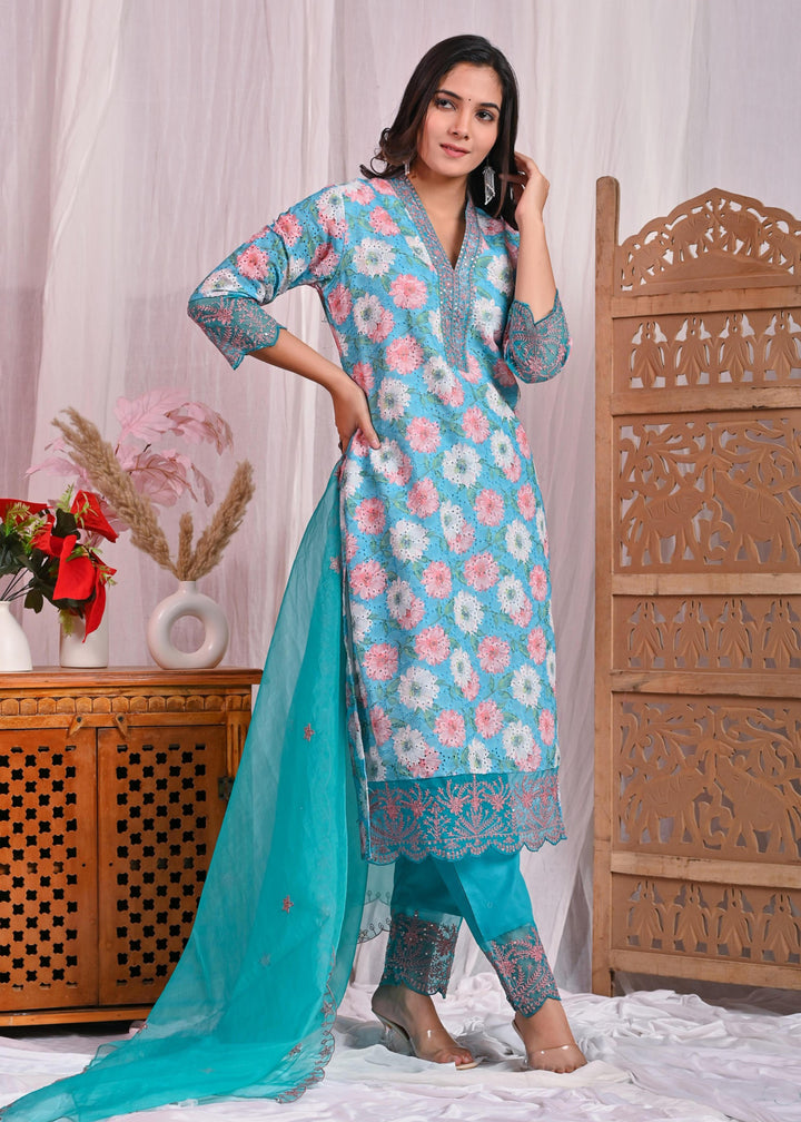 Green Cotton Sifli Kurta Set - Straight Fit with V-Neck and 3/4 Sleeves (Sizes M, L, XL, XXL)