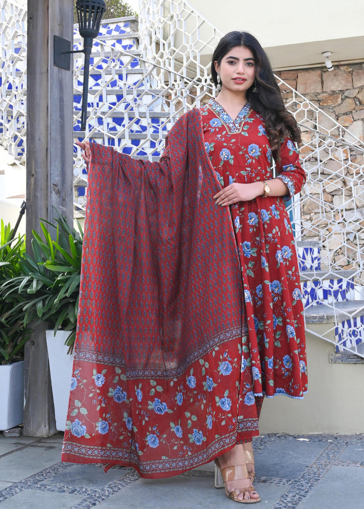 Elegant Maroon Cotton Anarkali Suit - 3/4 Sleeves with V-Neck (Sizes M, L, XL, XXL)